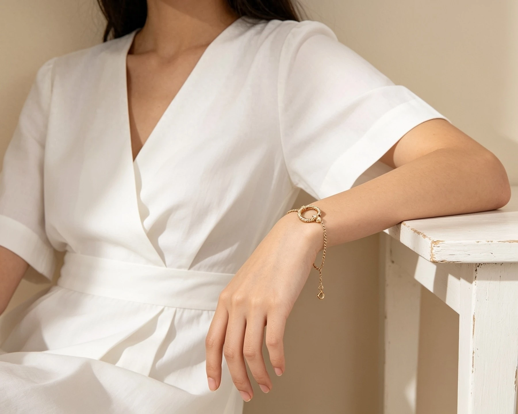 “Circle of Life” 21K Gold Bracelet – Twisted Hoop & Flower Design
