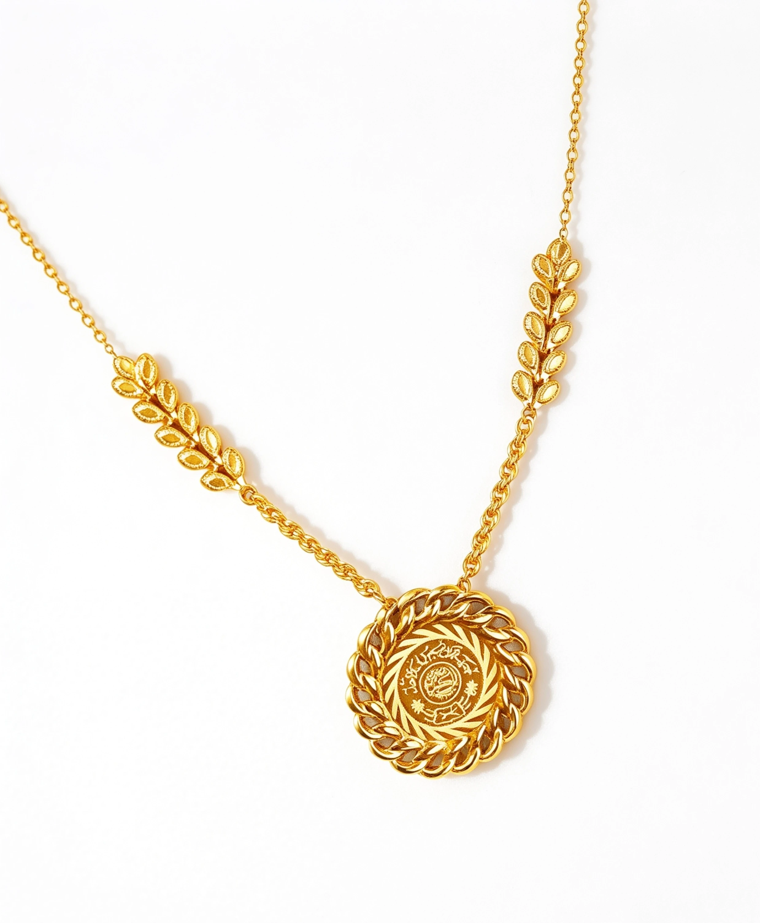 _“Wheat of Heritage” 21K Gold Necklace – Coin Pendant & Wheat Spike Design_
